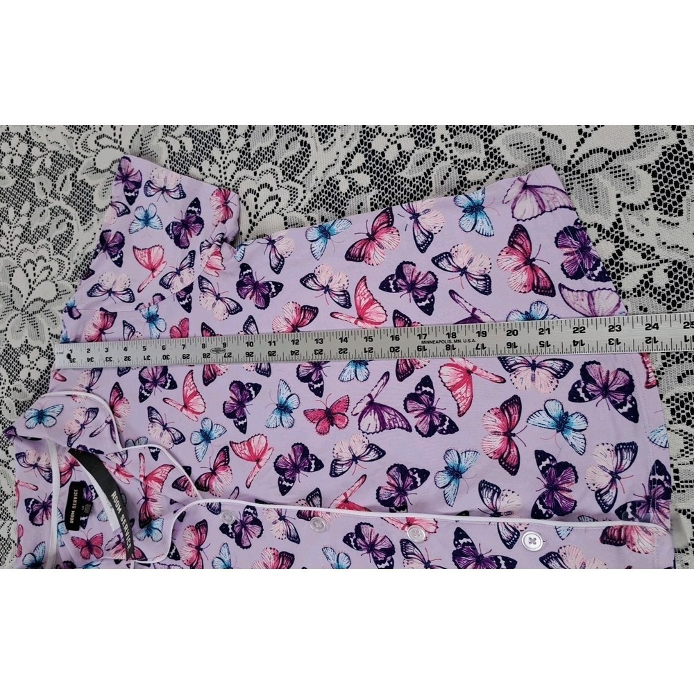 Room Service Sleep Top L Purple Butterfly Print Button Up Soft Pajama Spandex - Picture 9 of 10